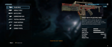 The Arsenal Upgrades menu in 21:9. Note how part of the Pulse Rifle gets cut off at this aspect ratio. Uploaded by: Rose