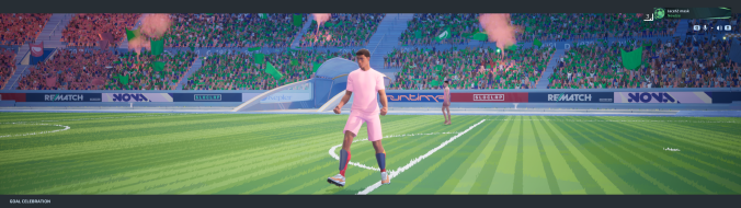 Actual multiplayer gameplay showing a goal scene in 32:9.